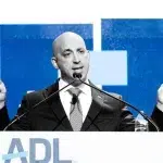 A graphic depicts ADL CEO Jonathan Greenblatt standing in front of a podium with an accompanying trend line referencing an alleged increase in anti-Semitic incidents in the US since Hamas's Attack on Israel. Photo: MintPress News.
