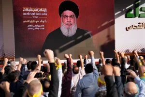 Hezbollah Secretary General Sayyed Hassan Nasrallah delivers a televised speech in the Lebanese capital Beirut's southern suburbs on November 3, 2023. (Photo: Hussein Malla/AP).