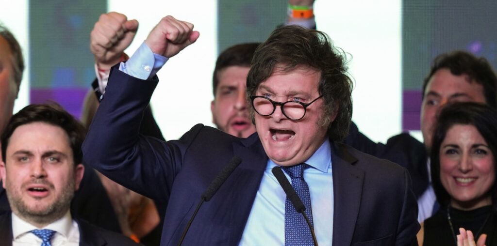 Javier Milei, presidential candidate of the Liberty Advances coalition, speaks at his campaign headquarters after polls closed for general elections in Buenos Aires, Argentina, on Oct. 22, 2023. Photo: Morning Star/File photo.