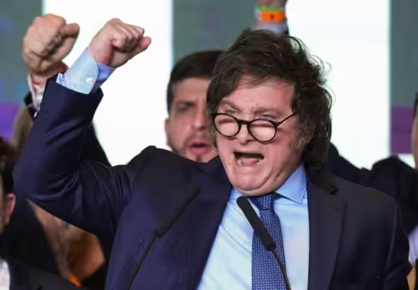 Javier Milei, presidential candidate of the Liberty Advances coalition, speaks at his campaign headquarters after polls closed for general elections in Buenos Aires, Argentina, on Oct. 22, 2023. Photo: Morning Star/File photo.