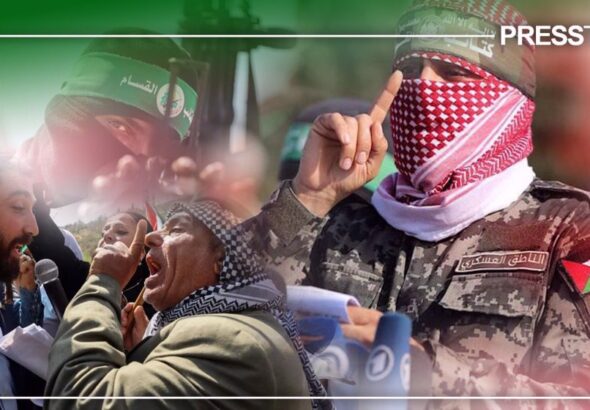 Collage featuring Al-Qassam Brigades spokesperson Abu Obaida, an Al-Qassam fighter, and a Palestinian man confronting a zionist settler. Photo: PressTV.