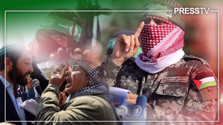 Collage featuring Al-Qassam Brigades spokesperson Abu Obaida, an Al-Qassam fighter, and a Palestinian man confronting a zionist settler. Photo: PressTV.
