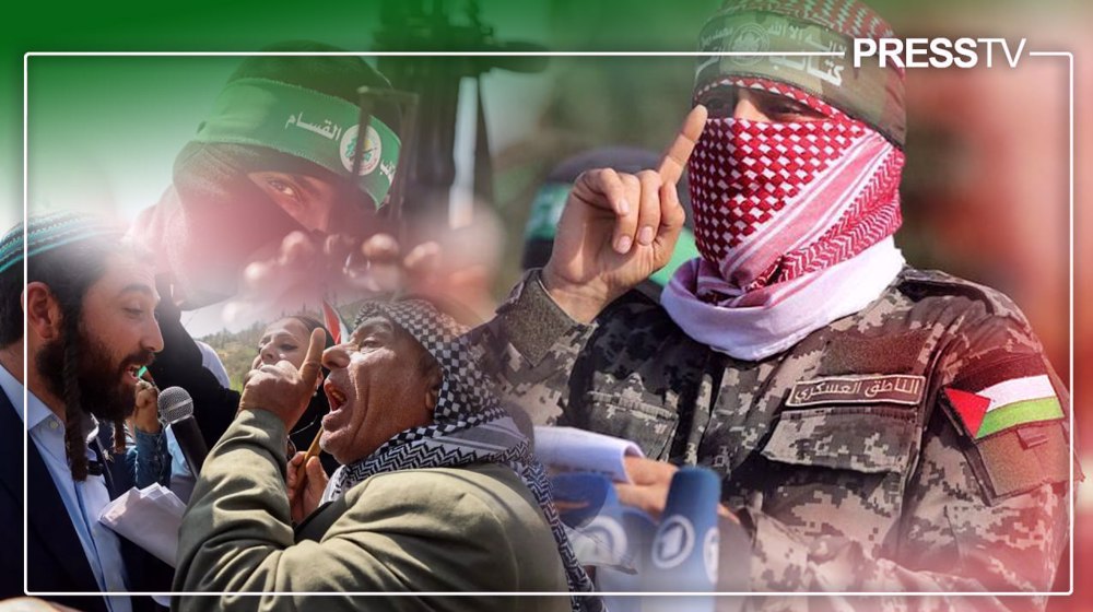 Collage featuring Al-Qassam Brigades spokesperson Abu Obaida, an Al-Qassam fighter, and a Palestinian man confronting a zionist settler. Photo: PressTV.