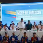 The delegations of the Colombian government and the Central General Staff (EMC, in spanish) of the FARC dissidents hold peace talks in the municipality of Tibu, Catatumbo, Colombia, October 8, 2023.  Photo: EFE/ Mario Caicedo.