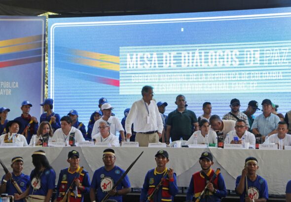 The delegations of the Colombian government and the Central General Staff (EMC, in spanish) of the FARC dissidents hold peace talks in the municipality of Tibu, Catatumbo, Colombia, October 8, 2023.  Photo: EFE/ Mario Caicedo.