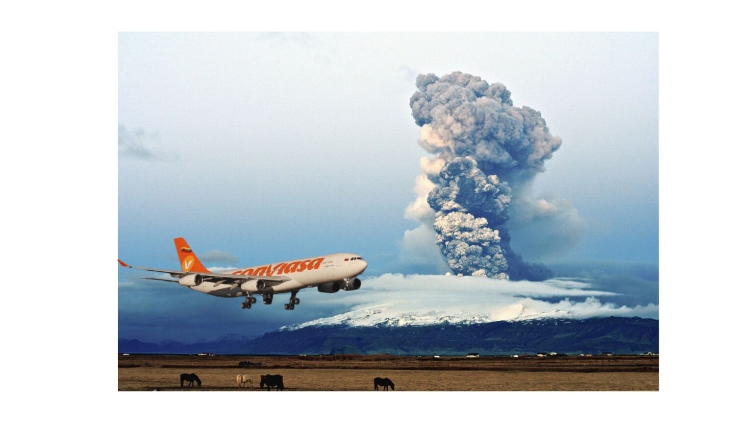 Photo composition showing a Conviasa Airbus 300 during landing maneuvers overlapping a photo of the Eyjafjallajokull volcano eruption in the spring of 2010, in Fimmvorduhals, Iceland. Photo: Yuri Kochetkov/EFE/  and Signy Asta Gudmundsdottir/NordicPhotos/File photo.
