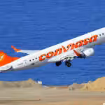 A Conviasa Embraer 190-AR jet lifting off from the Simón Bolívar Airport serving Caracas, 2014. Photo: Orlando Suarez/File photo.