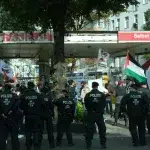 Berlin police surrounding a rally in solidarity with Palestinian prisoners and against anti-Palestinian repression, September 30, 2023. Photo: Samidoun Palestinian Prisoner Solidarity Network.