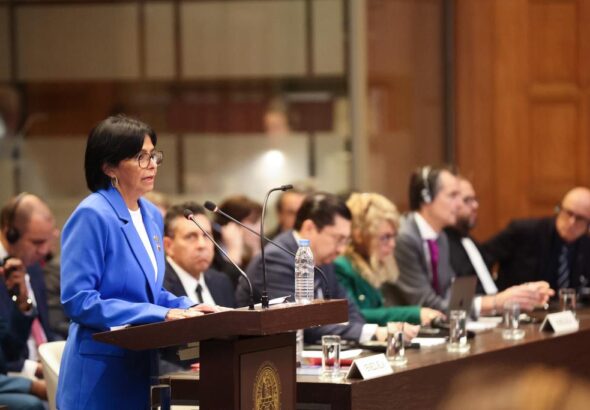 Venezuelan Vice President Delcy Rodríguez addressing the International Court of Justice in The Hague, Netherlands, on Wednesday, November 15, 2023. Photo: X/@ViceVenezuela.