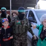 A group of prisoners held by the Palestinian Resistance since October 7 being release on Friday, November 24, 2023. Photo: Al-Qassam Brigades video.