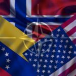 Flags of Venezuela, United States, and Norway, with the symbol of NATO superimposed. Photo: Graphic by Al Mayadeen.