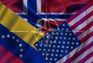 Flags of Venezuela, United States, and Norway, with the symbol of NATO superimposed. Photo: Graphic by Al Mayadeen.