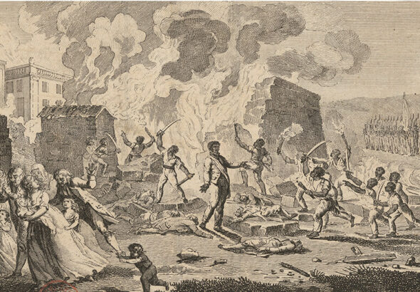 This frontispiece from the 1802 novel, “’Incendie du Cap, ou Le règne de Toussaint-Louverture” (“The Burning of the Cap, or the Reign of Toussaint-Louverture”) by French novelist René Périn, has become one of the most recognizable depictions of the Haitian Revolution, becoming a piece of propaganda that deligitimized the revolution and attacked its leader, Toussaint Louverture, who Périn described as an “atrocious negro” of whom he wished to “offer a portrait upon which, reader, you may be forced to shed many tears!!!” The illustration depicts a well-dressed Toussaint-Louverture presiding over the merciless massacre of innocent whites, many of them women and children. Photo: Race.Ed/University of Edinburgh.