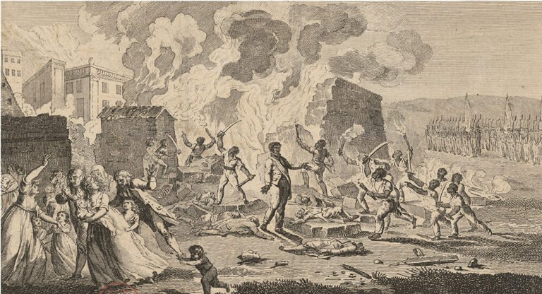 This frontispiece from the 1802 novel, “’Incendie du Cap, ou Le règne de Toussaint-Louverture” (“The Burning of the Cap, or the Reign of Toussaint-Louverture”) by French novelist René Périn, has become one of the most recognizable depictions of the Haitian Revolution, becoming a piece of propaganda that deligitimized the revolution and attacked its leader, Toussaint Louverture, who Périn described as an “atrocious negro” of whom he wished to “offer a portrait upon which, reader, you may be forced to shed many tears!!!” The illustration depicts a well-dressed Toussaint-Louverture presiding over the merciless massacre of innocent whites, many of them women and children. Photo: Race.Ed/University of Edinburgh.