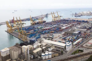 High view of Barcelona container port dockyard. Photo: Loop Images/Universal Images Group via Getty Images.