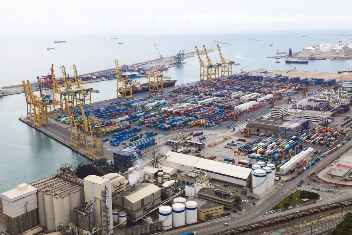 High view of Barcelona container port dockyard. Photo: Loop Images/Universal Images Group via Getty Images.