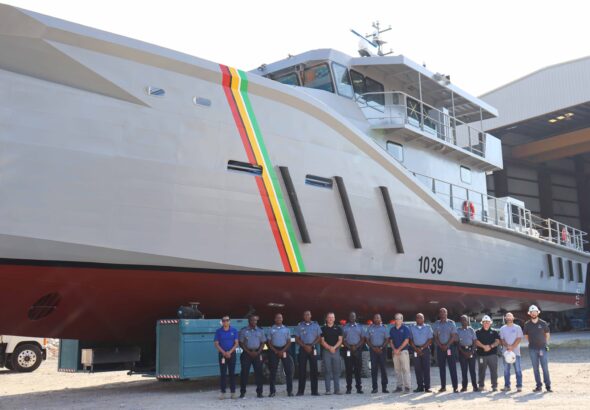 Patrol vessel GDFS Berbice (1039), acquired by Guyana, being prepared for sailing from manufacturing facilities of Metal Shark Boats in Louisiana, USA. Photo: Metal Shark.