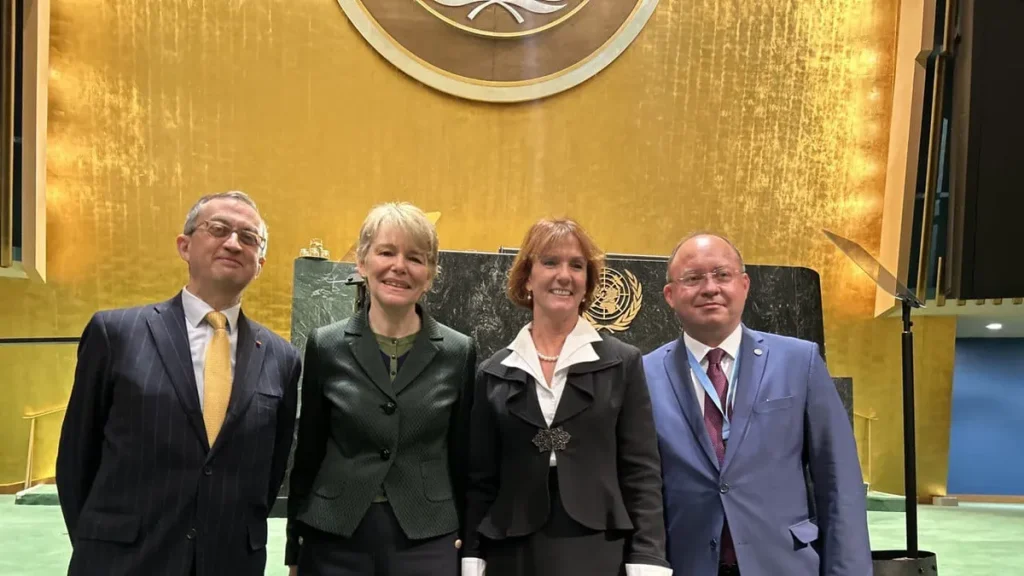 Four of the five newly-appointed ICJ judges, from left to right: Juan Gómez-Robledo, Hilary Charlesworth, Sarah Cleveland, and Bogdan-Lucian Aurescu. Photo: UN News.
