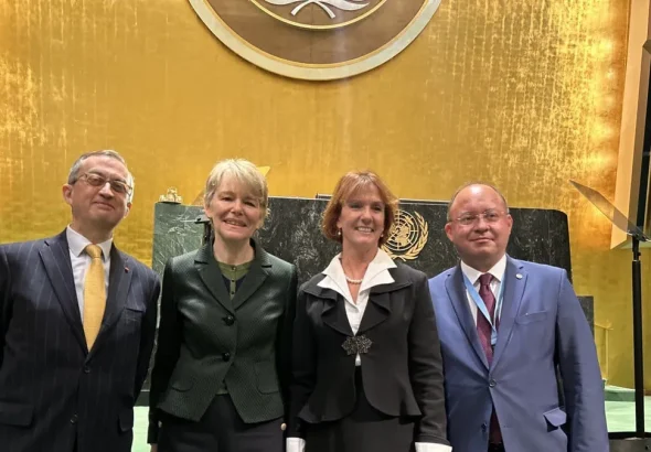 Four of the five newly-appointed ICJ judges, from left to right: Juan Gómez-Robledo, Hilary Charlesworth, Sarah Cleveland, and Bogdan-Lucian Aurescu. Photo: UN News.