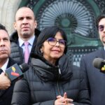 Venezuelan Vice President Delcy Rodriguez issuing a statement to the press with part of the Venezuelan delegation, including UN ambassador Samuel Moncada. Photo: X/@Mippcivzla.