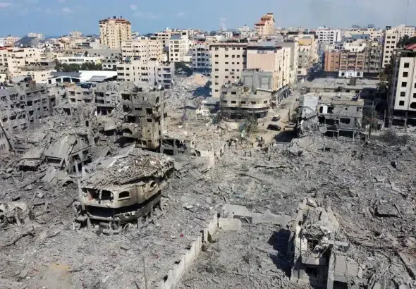 Aerial view showing houses and buildings in Gaza City completely destroyed by airstrikes from Israeli occupation forces using a scorched earth style, October 10, 2023. Photo: Mohammed Salem/Reuters/File photo.