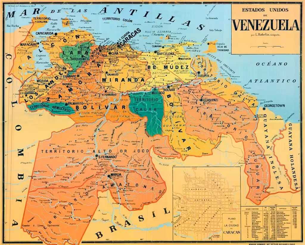 Map of Venezuela elaborated by L. Robelin around 1890. Photo: Wikipedia.