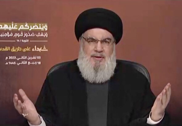 Hezbollah leader Sayyed Nasrallah speaks on November 3, 2023. Photo: Al-Manar/Screenshot.