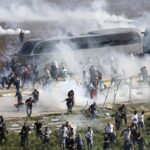 Protesters clash with riot police during a demonstration outside the US-Turkish Incirlik Air Base in Adana, Türkiye, November 5, 2023 Photot: AP/Mehmet Sancakzade.