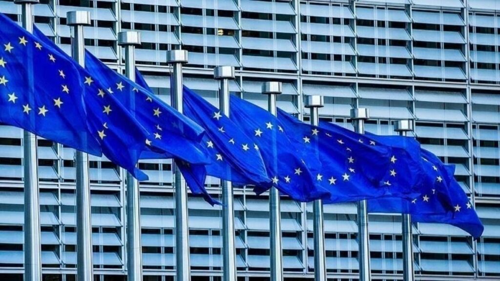 European Union flags flying in front of a building. Photo: file photo.