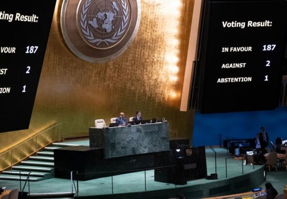 United Nations General Assembly hall showing the results of the vote condemning the US blockade against Cuba. Photo: UN News.