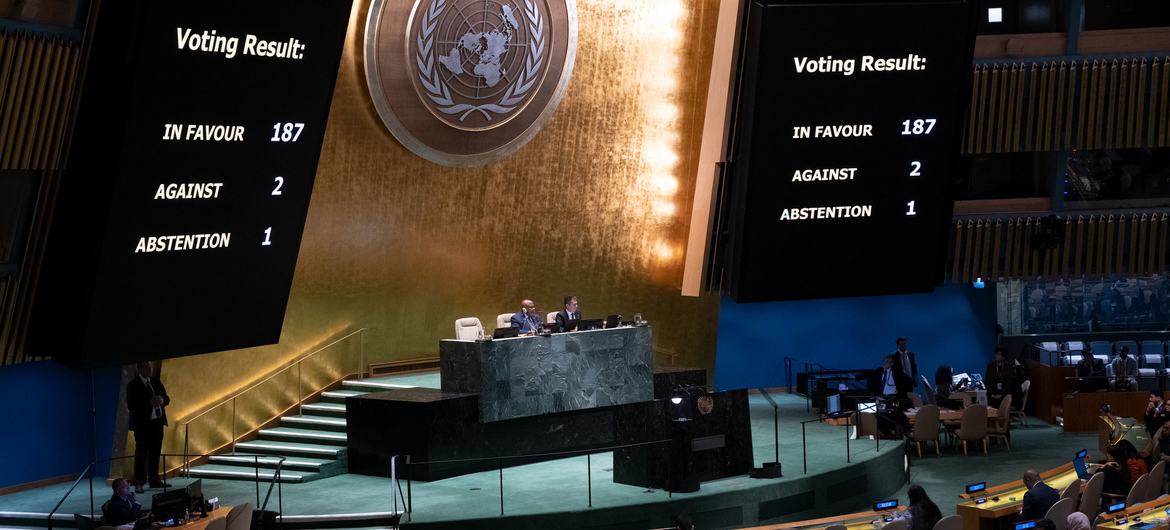 United Nations General Assembly hall showing the results of the vote condemning the US blockade against Cuba. Photo: UN News.