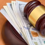 Judge's gavel laying on a pack of $100 bills. Photo: File photo.