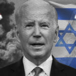 Compilation image of Joe Biden over a backdrop of the Israeli flag, explosions in Gaza and the Iraqi, Syrian, Lebanese and Yemeni flags. Photo: The Cradle.