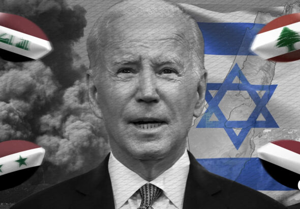Compilation image of Joe Biden over a backdrop of the Israeli flag, explosions in Gaza and the Iraqi, Syrian, Lebanese and Yemeni flags. Photo: The Cradle.