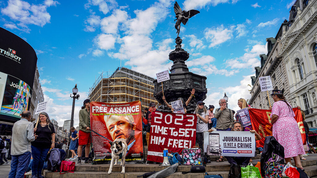 Demonstrators gather in London against the continued detention of Julian Assange in Belmarsh Prison. Photo: Alisdare Hickson.