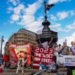Demonstrators gather in London against the continued detention of Julian Assange in Belmarsh Prison. Photo: Alisdare Hickson.