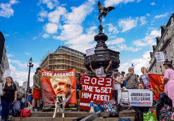 Demonstrators gather in London against the continued detention of Julian Assange in Belmarsh Prison. Photo: Alisdare Hickson.