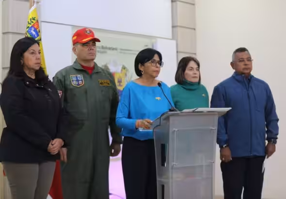 Venezuelan Vice President Delcy Rodríguez giving statements to the press ahead of the December 3 Referenum on the Essequibo. Monday, November 27, 2023.  Photo: Vice President's Office.