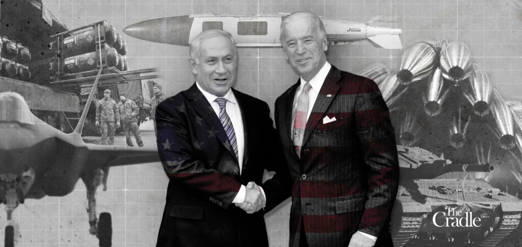 Compilation image depicting Benjamin Netanyahu (Left) and Joe Biden (Right) over a backdrop of military equipment to both Ukraine and Israel. Photo: The Cradle.