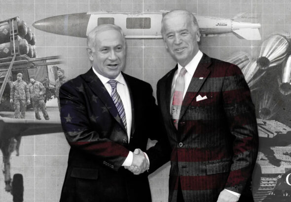 Compilation image depicting Benjamin Netanyahu (Left) and Joe Biden (Right) over a backdrop of military equipment to both Ukraine and Israel. Photo: The Cradle.