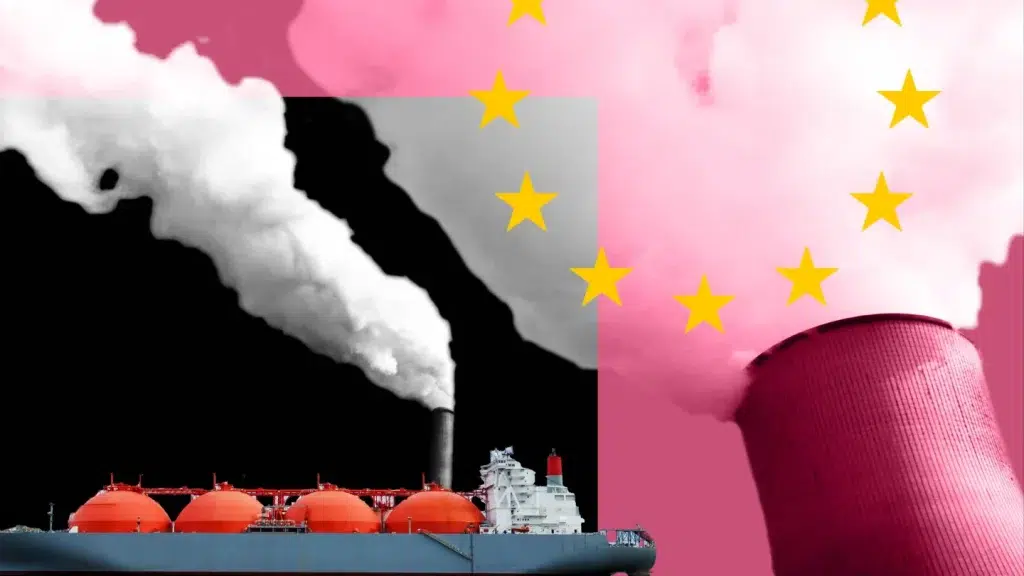 Photo composition showing energy plant chimneys and a tanker overlapped by the "stars" of the European Union. Photo: Financial Times/file photo.