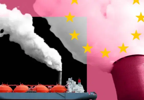 Photo composition showing energy plant chimneys and a tanker overlapped by the "stars" of the European Union. Photo: Financial Times/file photo.