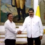 The president of Colombia, Gustavo Petro (left), and the president of Venezuela, Nicolás Maduro (right) shake hands in Miraflores Palace, Caracas, March 2023. File photo.