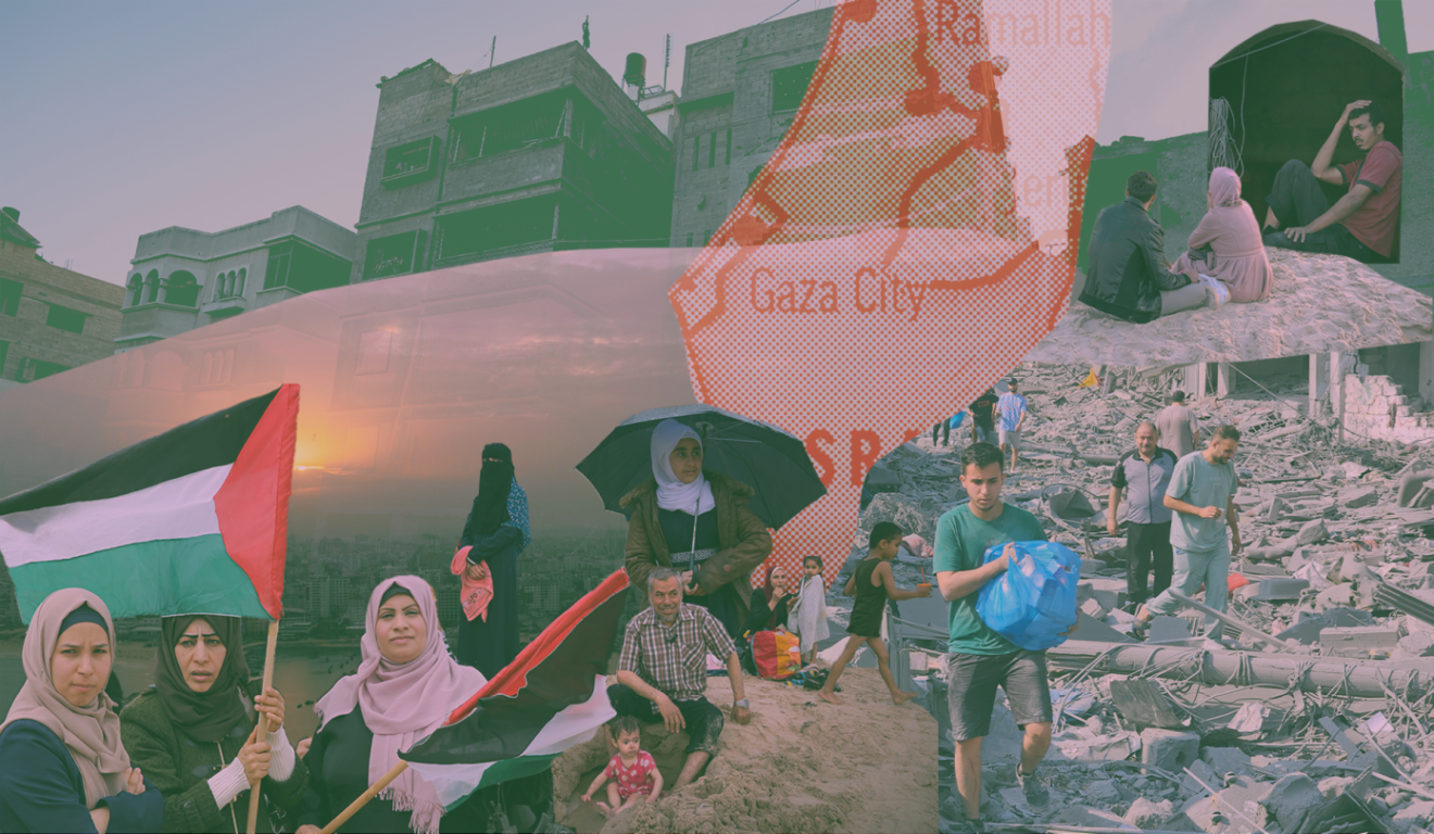 Photo composition showing Palestinian looking through the rubber of the genocidal Israeli bombardment of Gaza, Palestine, next to an image of Palestinian women holding a flag while in the background a map of Gaza can be seen along some residential buildings. Photo: Hampton.