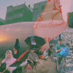 Photo composition showing Palestinian looking through the rubber of the genocidal Israeli bombardment of Gaza, Palestine, next to an image of Palestinian women holding a flag while in the background a map of Gaza can be seen along some residential buildings. Photo: Hampton.