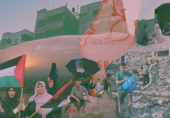 Photo composition showing Palestinian looking through the rubber of the genocidal Israeli bombardment of Gaza, Palestine, next to an image of Palestinian women holding a flag while in the background a map of Gaza can be seen along some residential buildings. Photo: Hampton.
