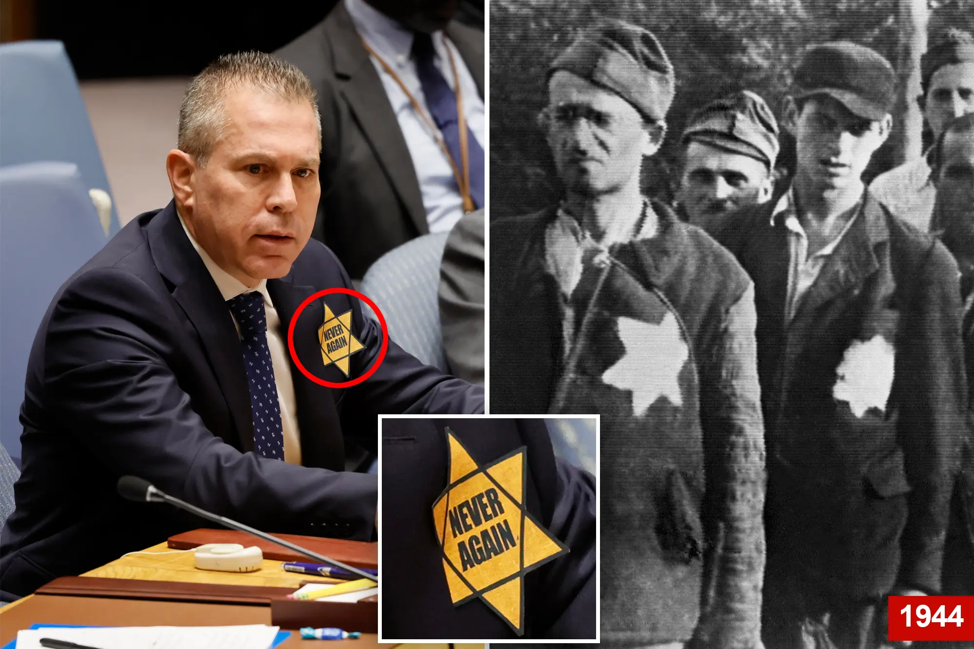Photo composition Israel's ambassador to the UN, Gilad Erdan, wears the Star of David (left) and Jews are seen wearing clothing after being liberated from Nazi German camps (right). Photo: Yves Engler/File photo.