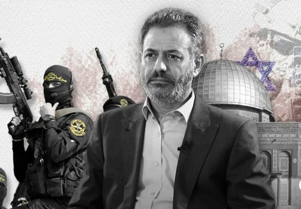 Compilation image depicting Palestinian soldiers (Left), Ihsan Ataya (Center) and Al-Asqa Mosque (Right). Photo: The Cradle.