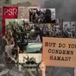 A graphic depicts a sign held in the foreground, which reads the notorious phrase, "But do you condemn Hamas?" Images of Palestinians and Palestinian resistance fighters are in the background. Photo: Zeinab El-Hajj/Al Mayadeen English.