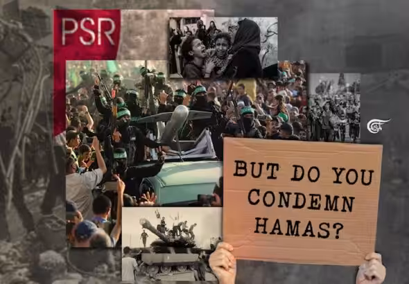 A graphic depicts a sign held in the foreground, which reads the notorious phrase, "But do you condemn Hamas?" Images of Palestinians and Palestinian resistance fighters are in the background. Photo: Zeinab El-Hajj/Al Mayadeen English.